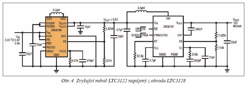 Obr. 4 Zvyšující měnič LTC3122 napájený z obvodu LTC3128